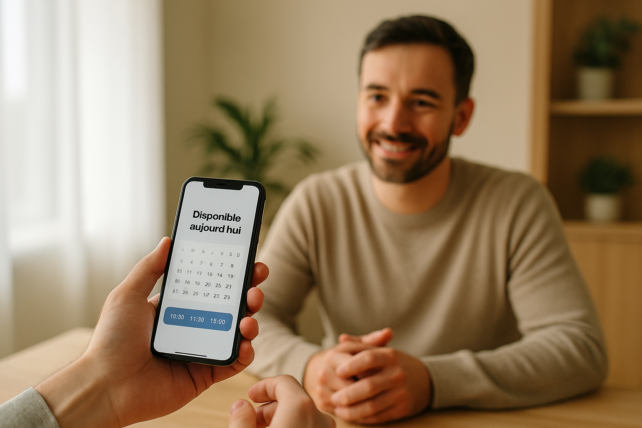 Praticien bien‑être près de chez vous accueillant dans son cabinet, avec une personne montrant un smartphone affichant un agenda en ligne disponible aujourd’hui