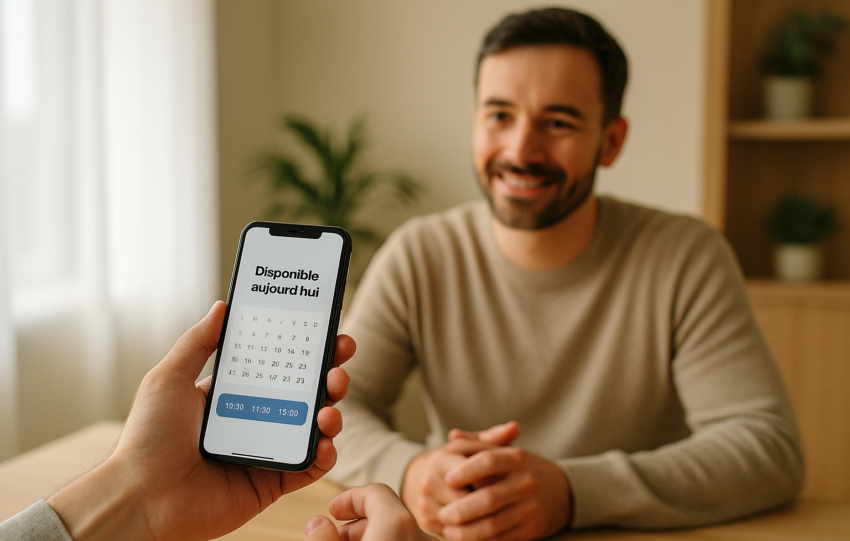 Praticien bien‑être près de chez vous accueillant dans son cabinet, avec une personne montrant un smartphone affichant un agenda en ligne disponible aujourd’hui
