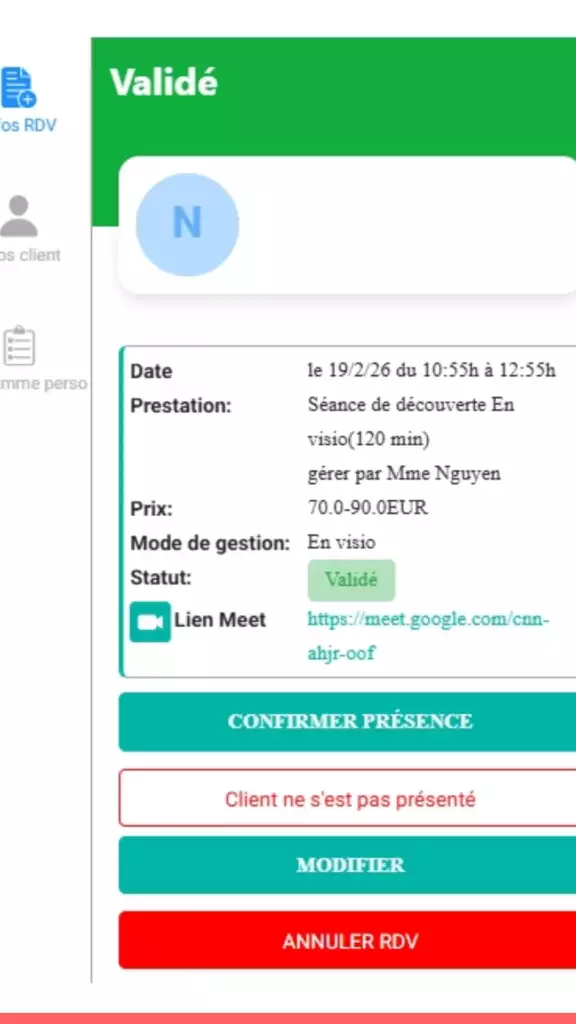 Capture d’écran de l’interface pro Wellengo montrant un rendez-vous validé en visio avec lien Google Meet et actions de gestion (confirmer présence, modifier, annuler).