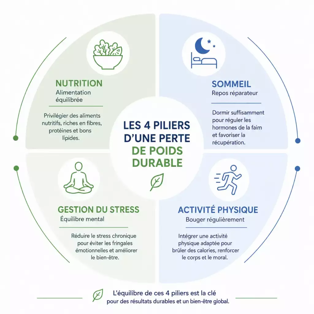 schéma des 4 piliers de la perte de poids durable : alimentation, sommeil, gestion du stress et activité physique
