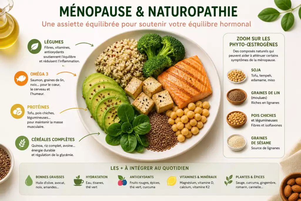 assiette équilibrée naturopathie ménopause aliments phytoestrogènes