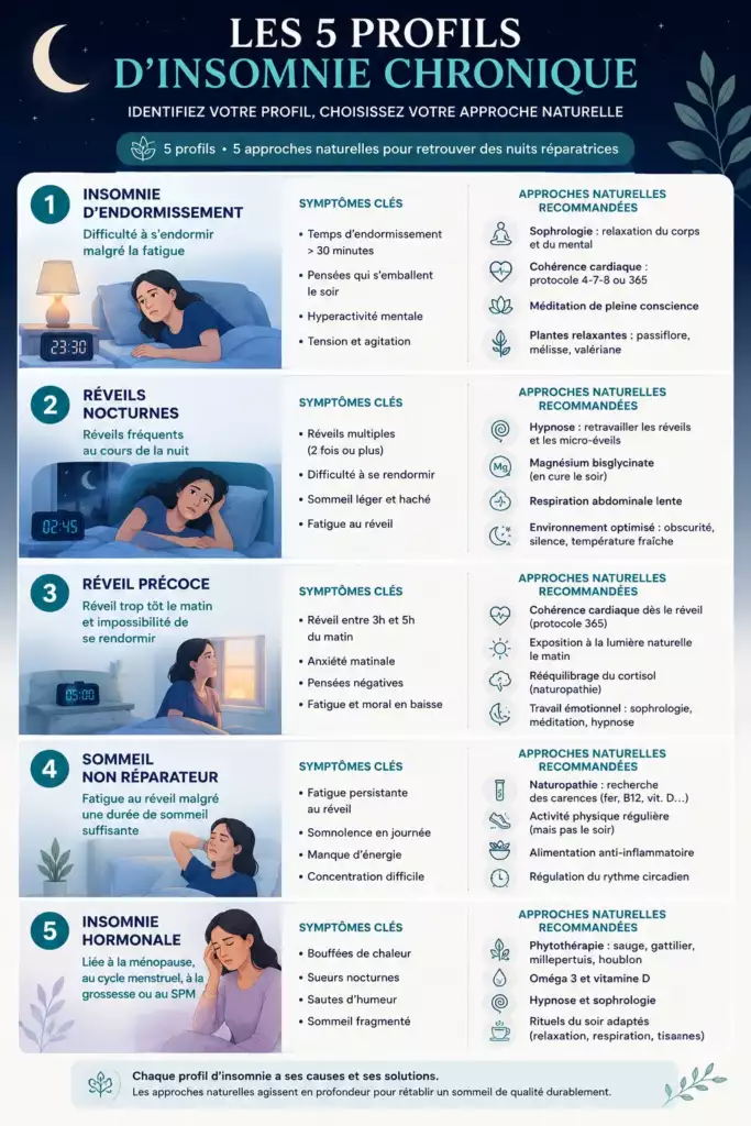 5 profils d’insomnie chronique présentant les symptômes et les approches naturelles adaptées sophrologie, hypnose, cohérence cardiaque et naturopathie pour améliorer le sommeil