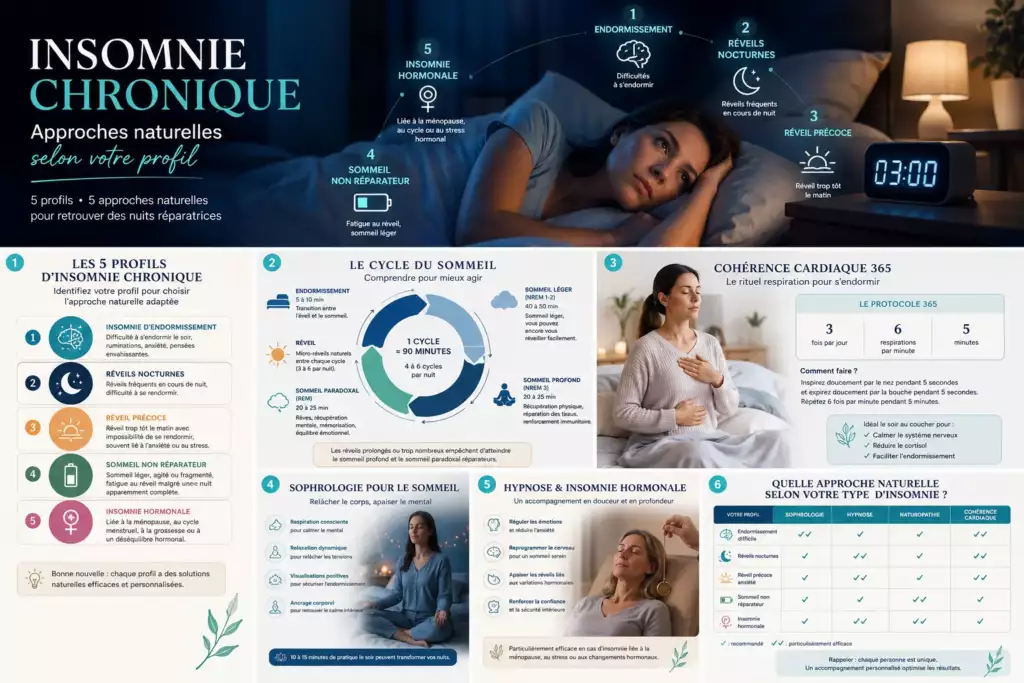 Infographie sur les 5 profils d’insomnie chronique et les approches naturelles pour améliorer le sommeil : sophrologie, hypnose, cohérence cardiaque et naturopathie