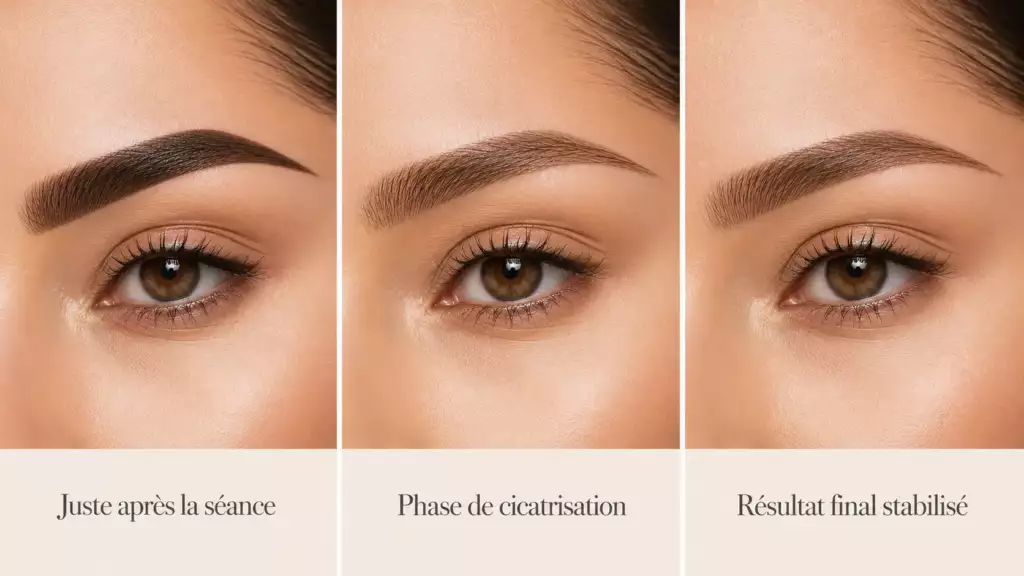 évolution du sourcil permanent après séance phase de cicatrisation et résultat final