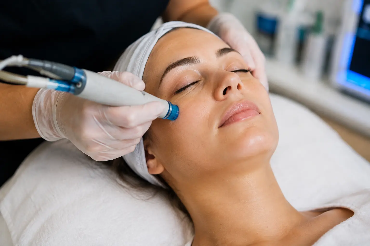 Soin Hydrafacial réalisé en institut sur une patiente pendant un nettoyage et une hydratation du visage