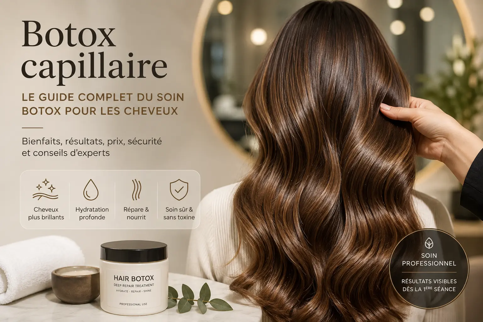 Botox capillaire sur cheveux brillants après un soin en salon