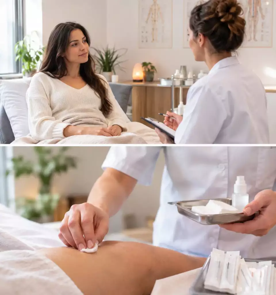 Préparation de la peau avant la pose d’une aiguille d’acupuncture