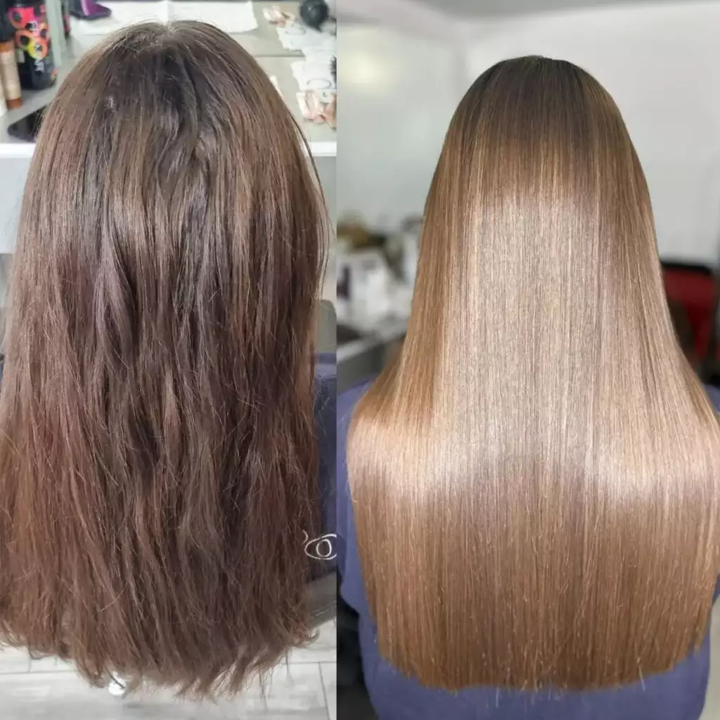 Illustration de l'action du botox capillaire sur la fibre des cheveux avant/après
