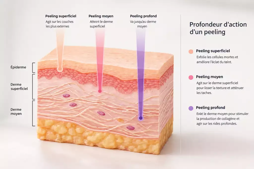 Profondeur d'action d'un peeling superficiel, moyen et profond dans la peau