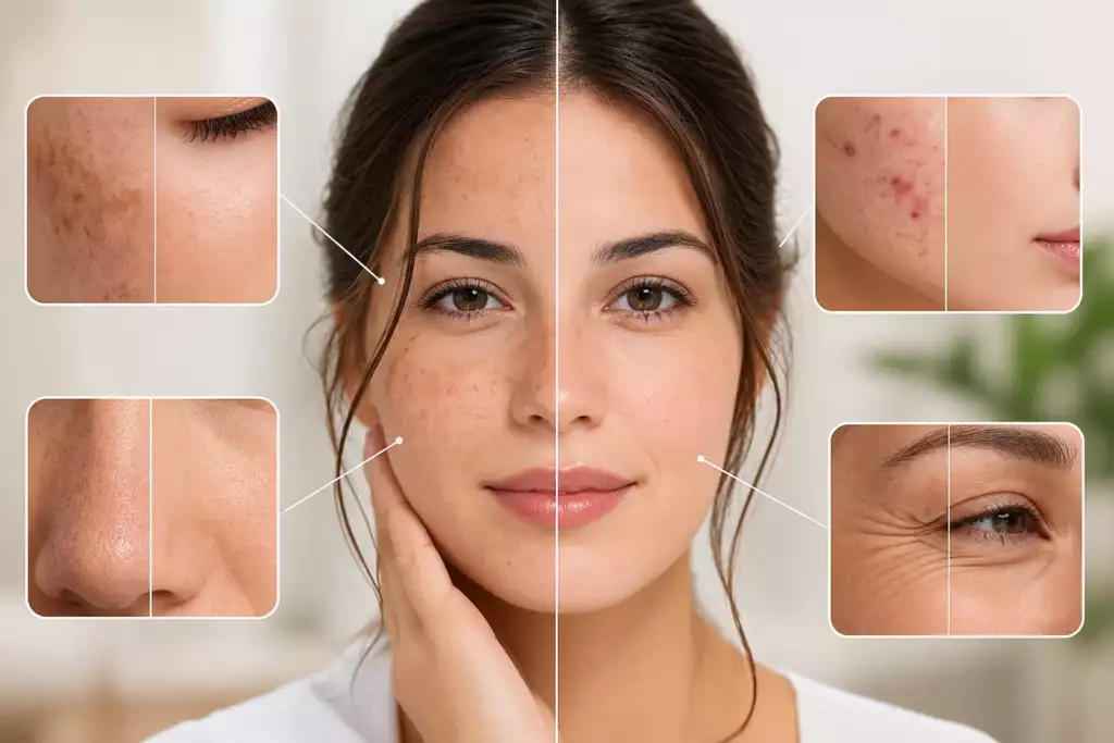 Principales indications du peeling visage : taches, acné, texture et ridules
