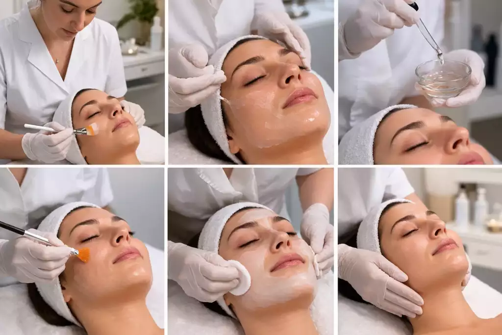 Application d'un peeling visage lors d'une séance avec un professionnel