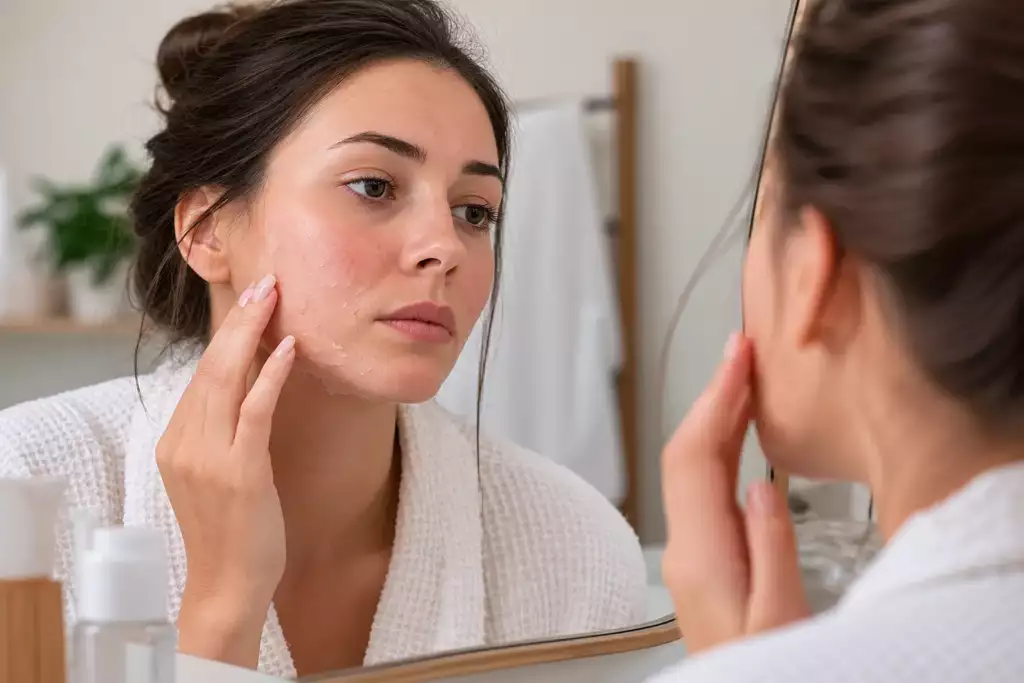Femme devant un miroir avec légère rougeur et desquamation, expression neutre, pas de brûlure spectaculaire ni image anxiogène