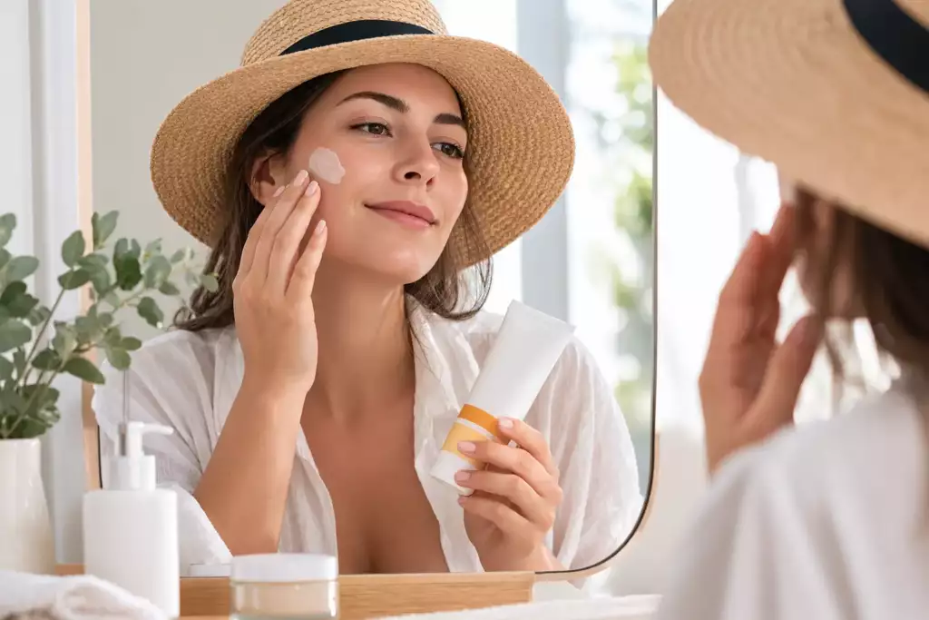 Femme appliquant une crème hydratante devant miroir, SPF visible mais sans marque, chapeau et environnement lumineux