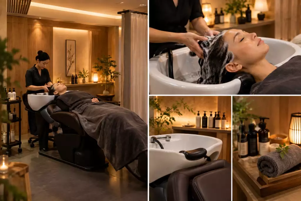 Cabine et bac utilisés pour une séance de head spa japonais